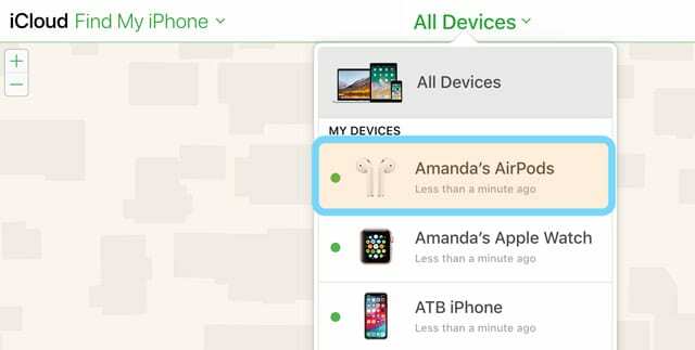 Otsige kõigi seadmete loendist üles minu iPhone AirPods