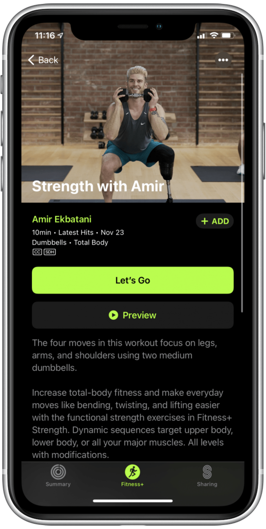 Halaman ringkasan latihan Apple Fitness Plus