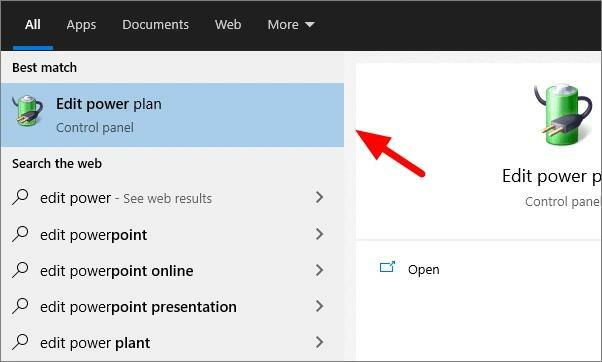 Digite Editar plano de energia e selecione