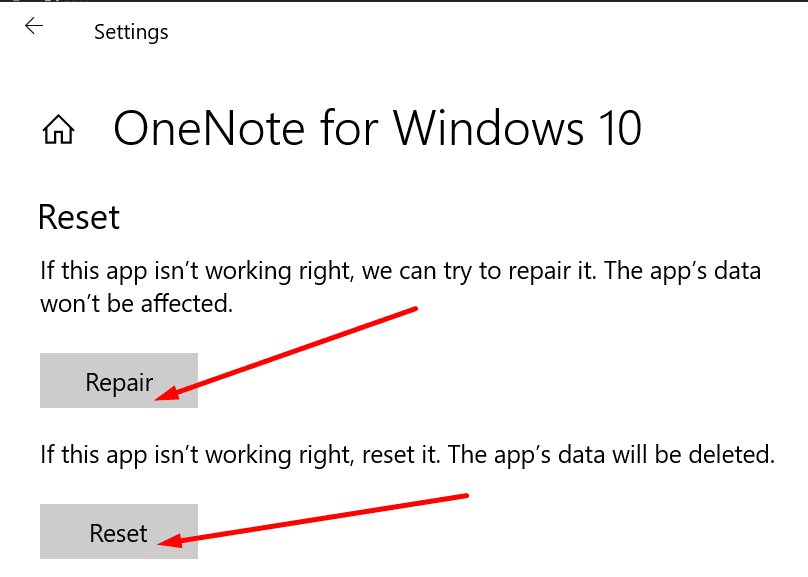 repareer of reset onenote-app