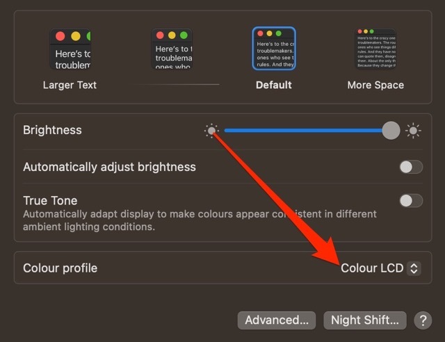 Екранна снимка на системните настройки на цветовия профил