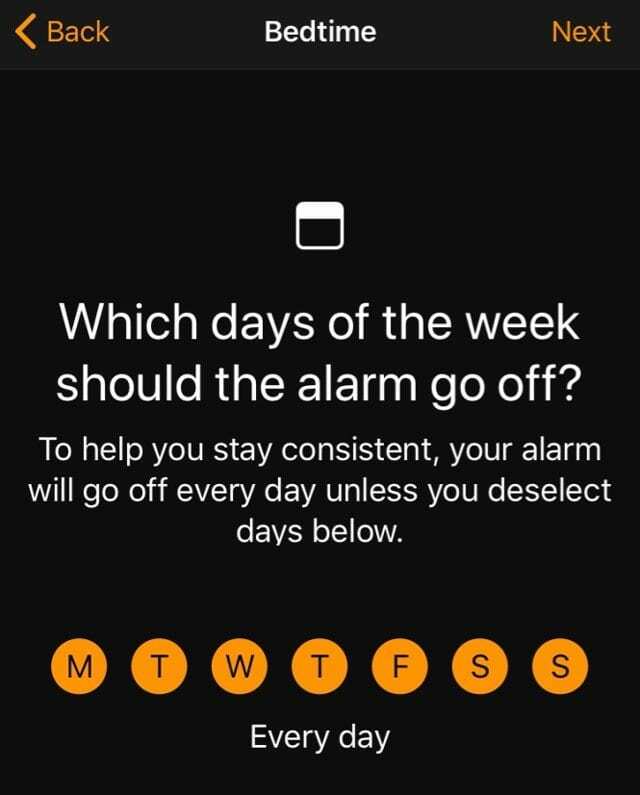 kies dagen van de week voor de bedtijdmodus van de klok-app