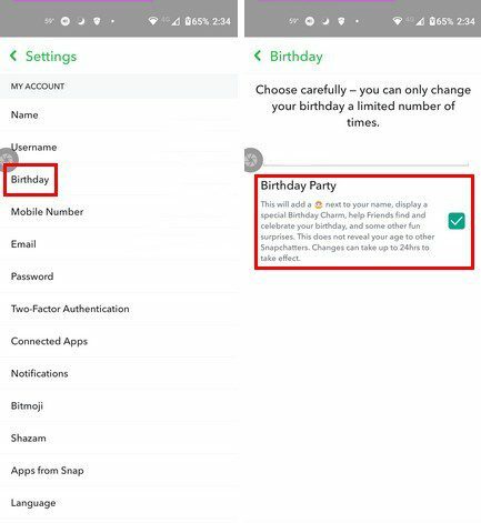 Noņemiet atzīmi no Snapchat dzimšanas dienas izvēles rūtiņas