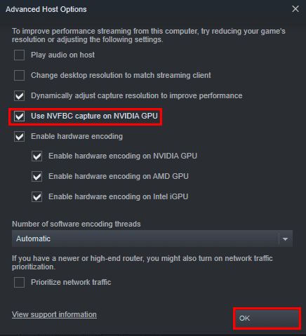 Aktywuj opcję NVFBC dla GPU z Gry zdalnej Steam
