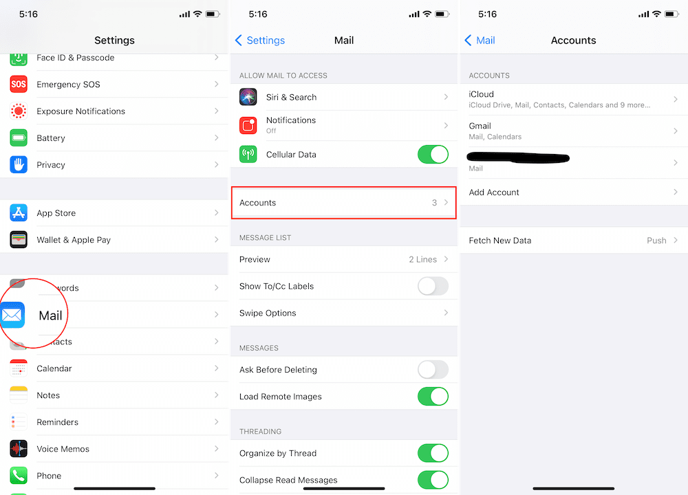 Paskyrų pašto nustatymai iOS 14