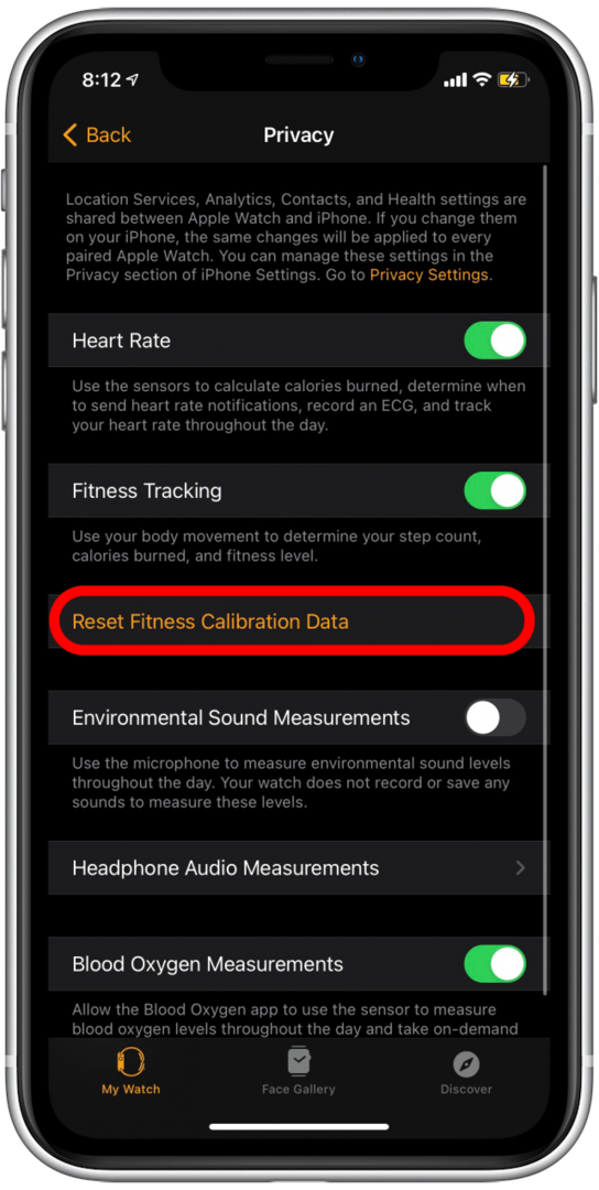 Dodirnite Reset Fitness Calibration Data