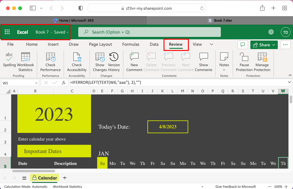 Le volet Révision d'Excel sur le Web ou de l'application Web Excel