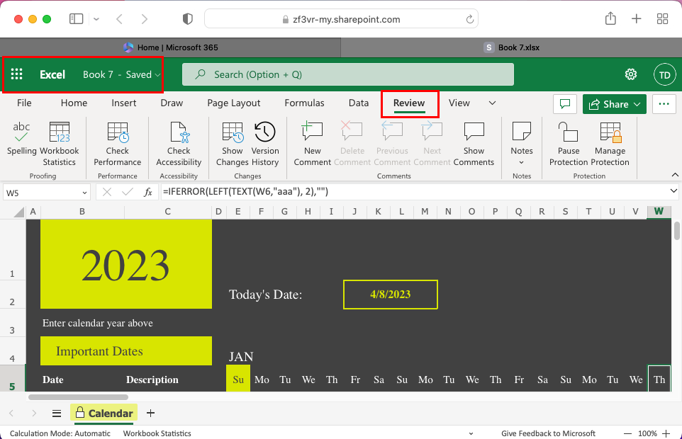 Okienko Recenzja programu Excel w sieci Web lub w aplikacji internetowej Excel