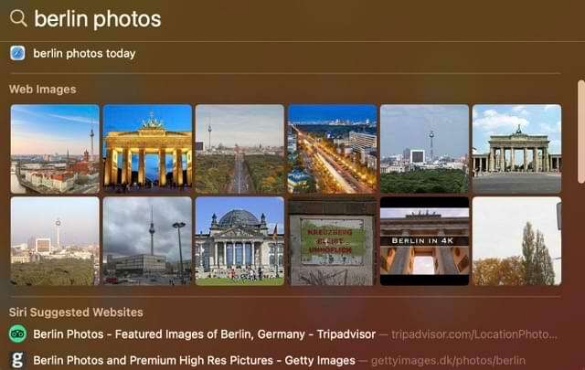 Ekrānuzņēmums, kas parāda attēlu meklēšanas rezultātus programmā Spotlight