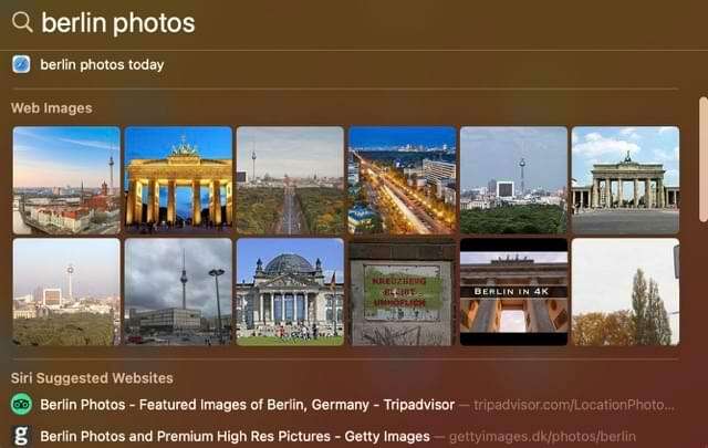 צילום מסך המציג תוצאות חיפוש עבור תמונות ב-Spotlight