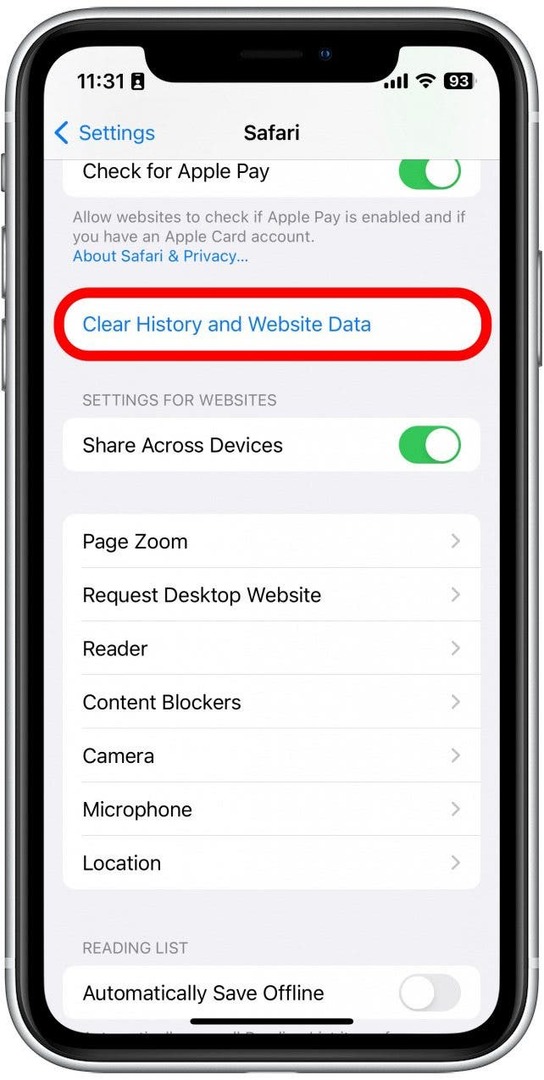 Превъртете надолу и докоснете Изчистване на историята и данните за уебсайта.