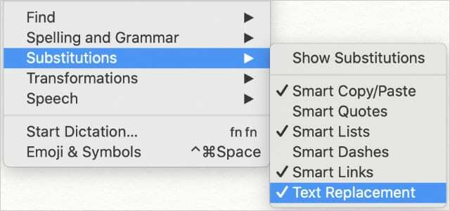 Option de remplacement de texte de Substitutions dans le menu déroulant Modifier