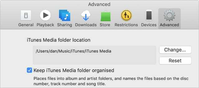 iTunes Media 폴더를 구성하는 옵션을 보여주는 iTunes 고급 환경설정