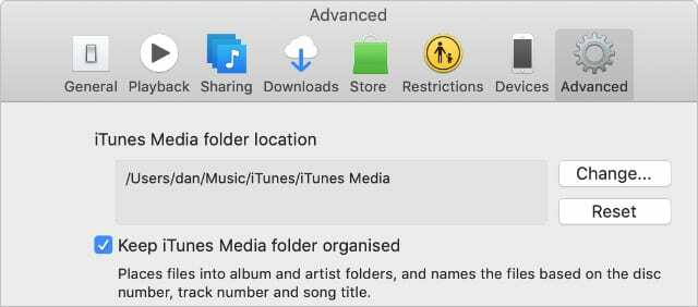 iTunes Avanserte preferanser viser mulighet for å holde iTunes Media-mappen organisert