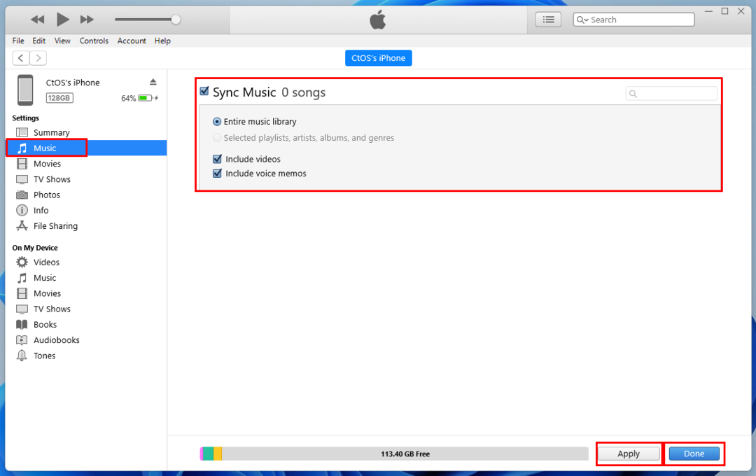 Halaman pemulihan Musik di iTunes untuk iPhone yang disinkronkan di Windows 11