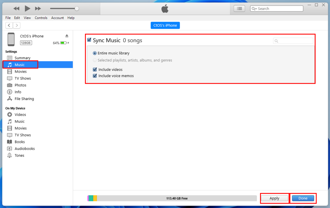 Windows 11 पर सिंक किए गए iPhone के लिए iTunes पर संगीत बहाली पृष्ठ