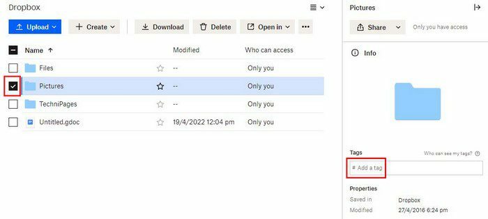 Додавання тегів папка Dropbox