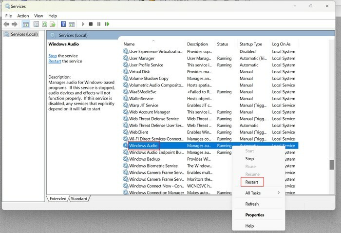 Pakalpojumi restartējiet Windows Audio