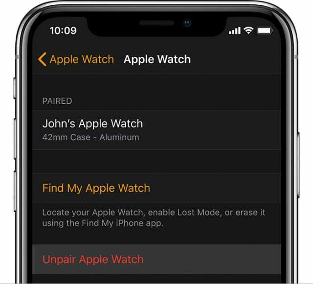 Разорвать пару с кнопкой Apple Watch в приложении для iPhone