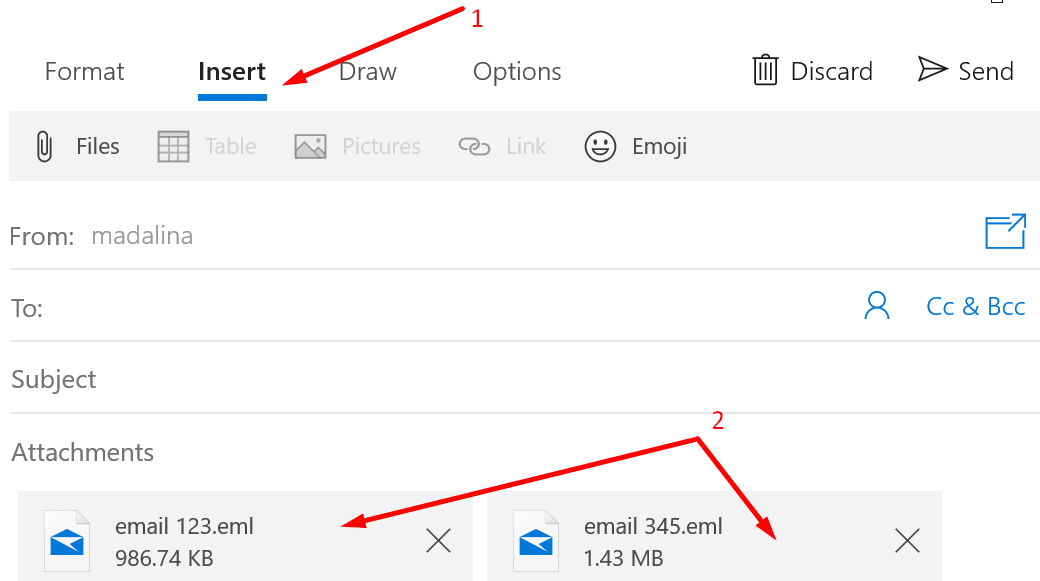 inserați e-mailuri ca atașamente Outlook