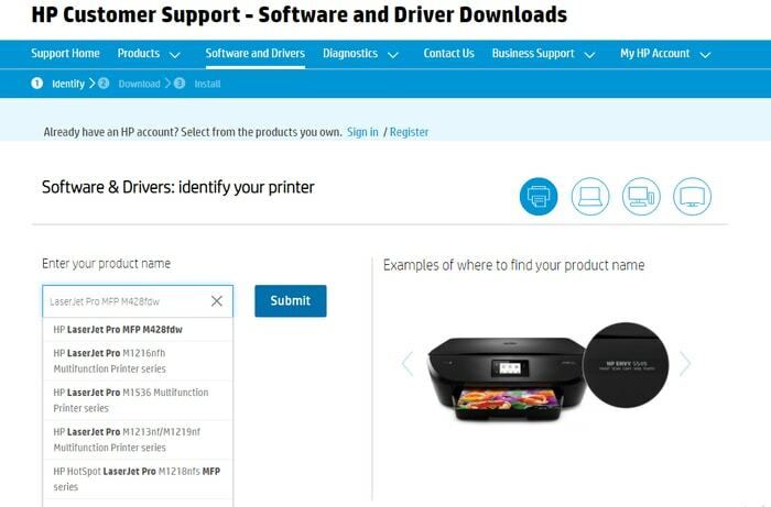 Írja be a HP LaserJet Pro MFP M428fdw terméket, és válassza ki