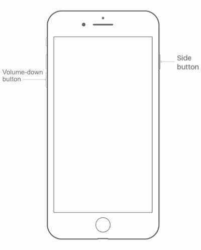 „iPhone 7“ diagrama, kurioje paryškinamas šoninis mygtukas ir garsumo mažinimo mygtukai