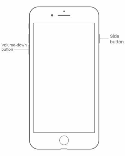 Диаграма на iPhone 7, която подчертава страничния бутон и бутона за намаляване на силата на звука