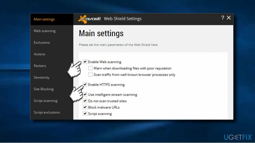 Vypněte Povolit skenování webu a skenování HTTPS na Avastu