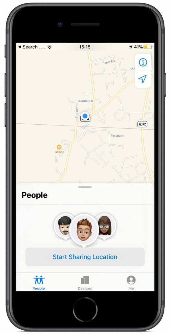 iPhone 8 с помощта на приложението Find My с бутона People Start Sharing