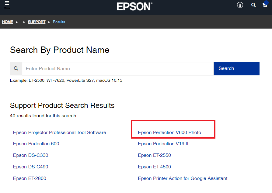 Klik på Epson Perfection V600