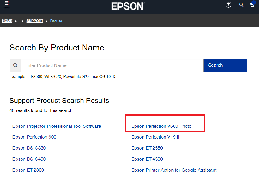 คลิกที่ Epson Perfection V600