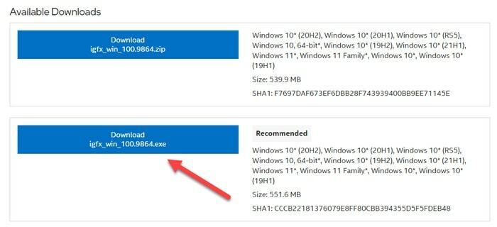 Pobierz plik .exe sterowników graficznych Intel Iris Xe