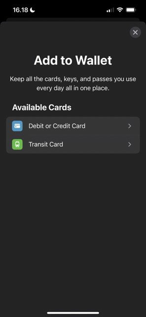 Zrzut ekranu pokazujący, jak dodać kartę transportu publicznego do Apple Wallet