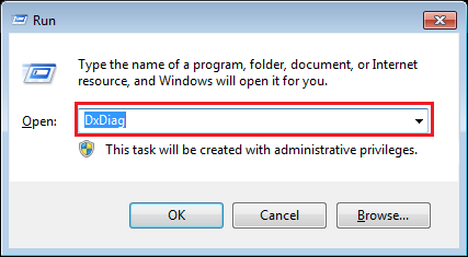 रन यूटिलिटी में dxdiag टाइप करें