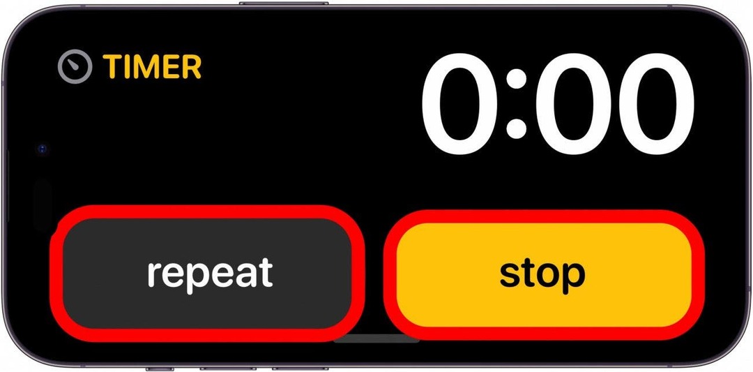 Ecranul de așteptare al iPhone care arată un temporizator la 0 cu butoanele de repetare și oprire încercuite în roșu