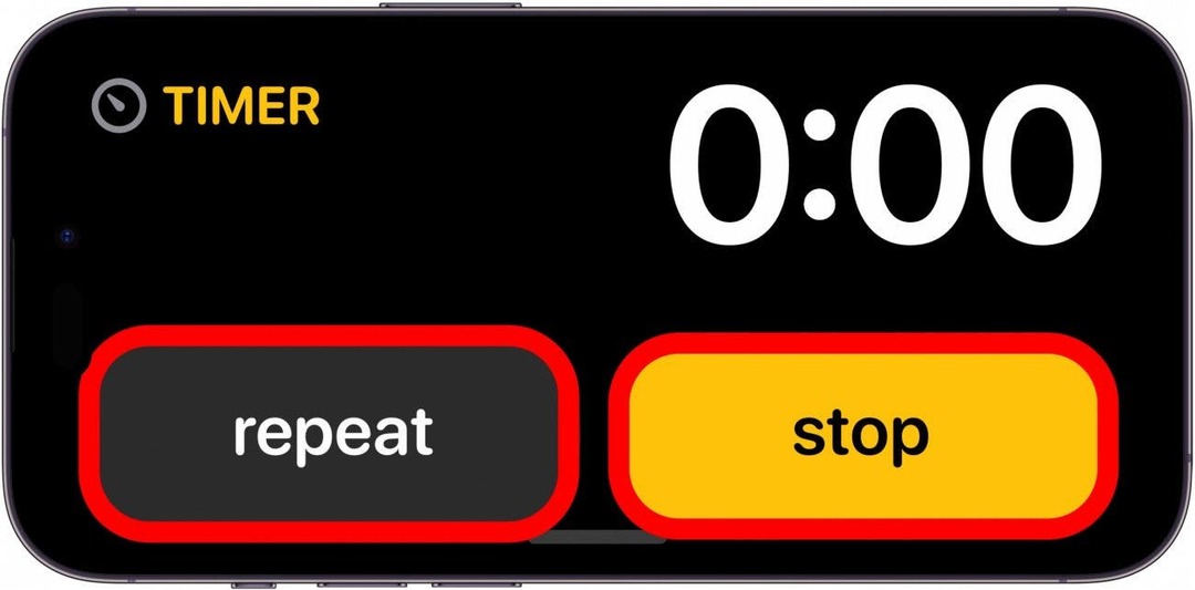 layar siaga iphone menampilkan pengatur waktu pada 0 dengan tombol ulangi dan hentikan yang dilingkari merah