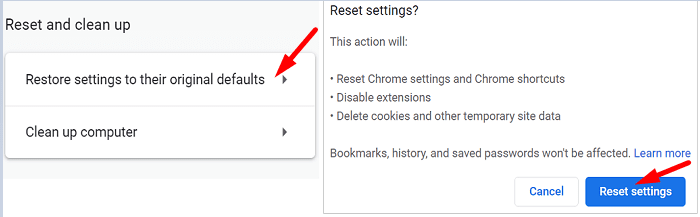 resetați setările Chrome