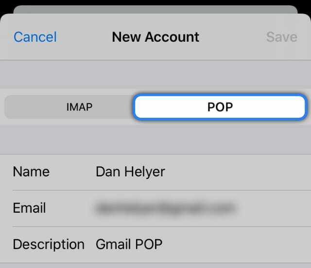 IPhone में अन्य ईमेल खाता जोड़ते समय पॉप विकल्प