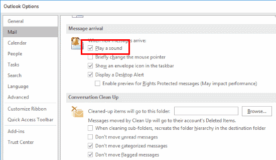 Outlook 2016 تشغيل إعداد الصوت
