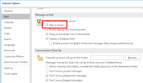 Outlook 2016 Tocar uma configuração de som