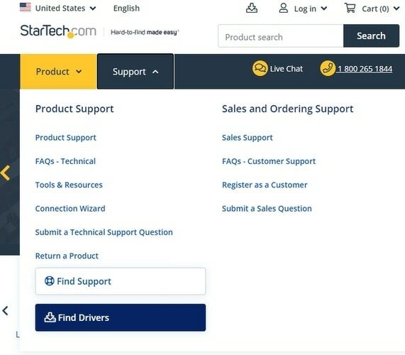 StarTech 공식 사이트의 제품 탭에서 드라이버 찾기를 클릭합니다.