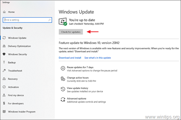 تحقق من وجود تحديثات windows 10