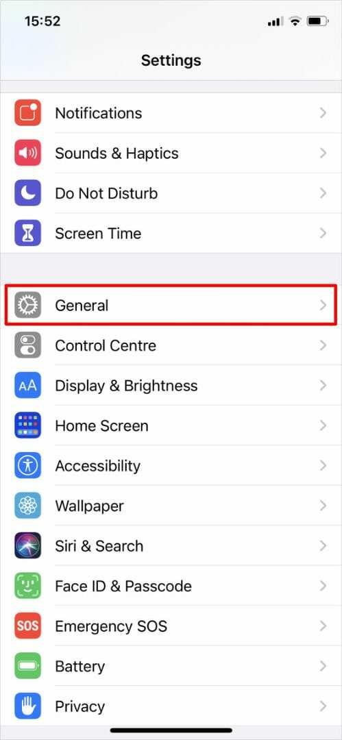 iPhone-innstillinger som fremhever Generelt alternativ