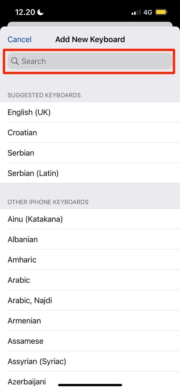 Captura de pantalla que muestra las opciones de idioma para el teclado del iPhone