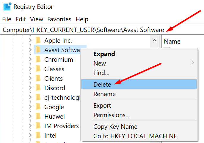 изтрийте редактора на системния регистър на софтуера avast