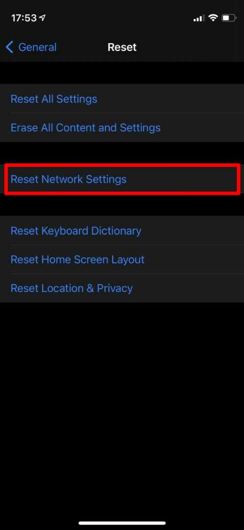 Opțiunea de resetare a setărilor de rețea pe iPhone