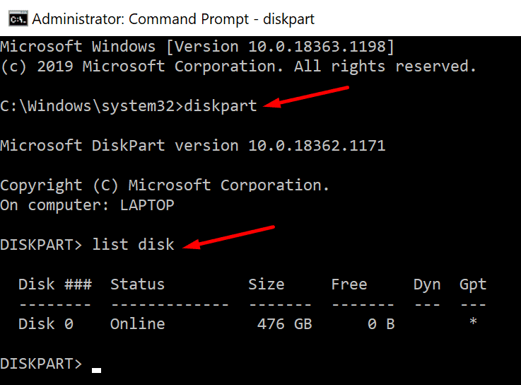 موجه أوامر diskpart list disk