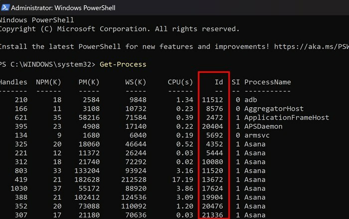 ID procesa aplikacije PowerShell