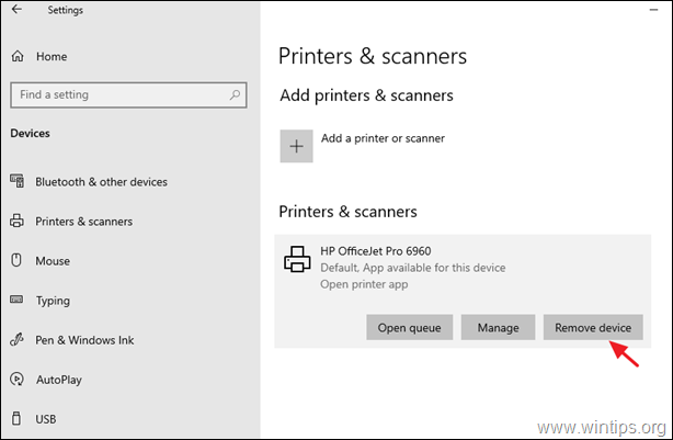 Pašalinkite spausdintuvą „Windows 10“.