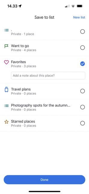 képernyőkép, amely bemutatja, hogyan adhat hozzá kedvencek listáját a Google Mapshez